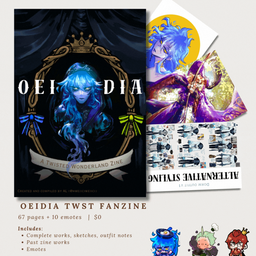 OEIDIA a Twisted Wonderland Fanzine largely dedicated to Idia Shroud and outfit designs.